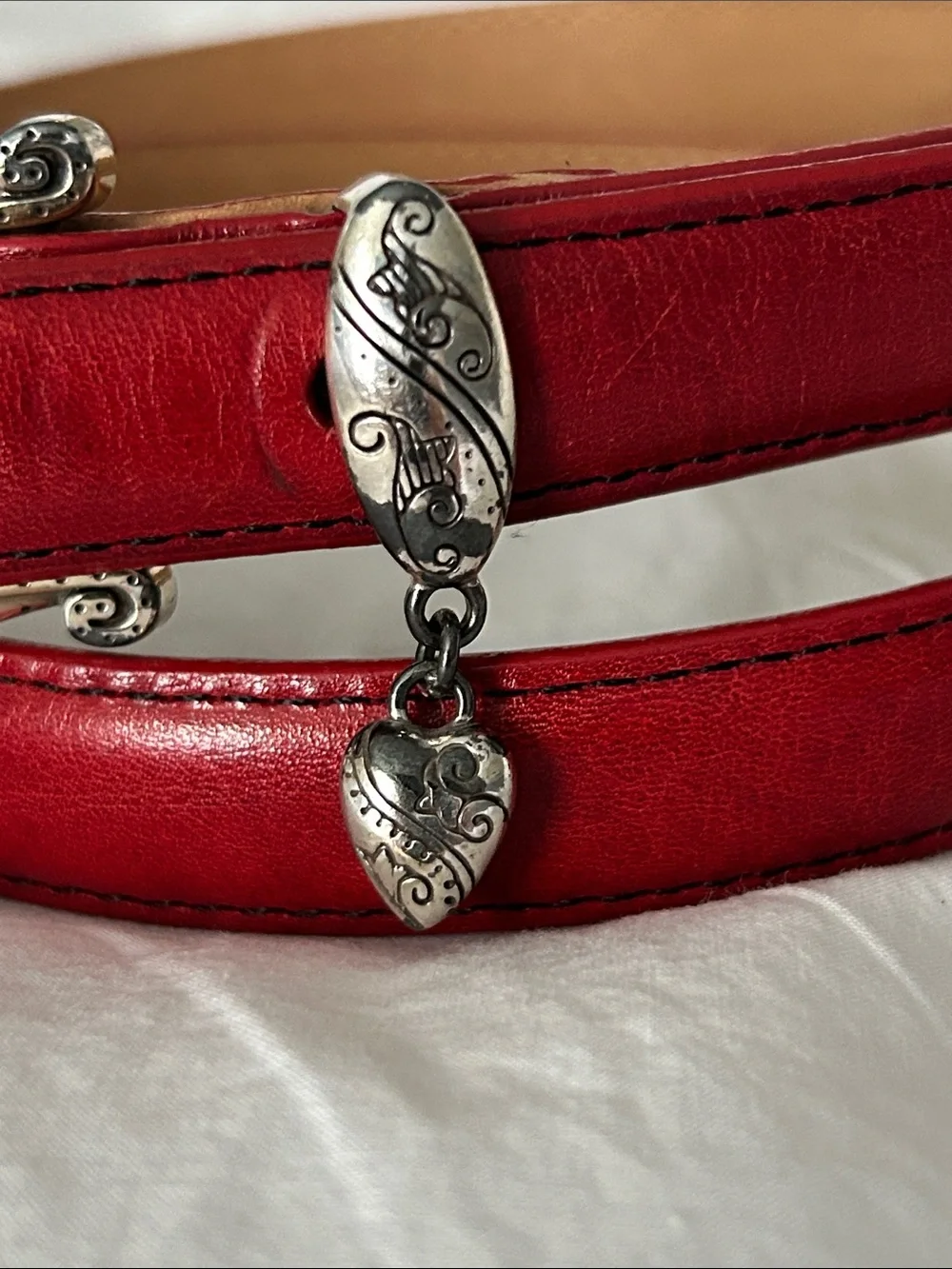Brighton Red Leather Belt with Decorative Silver Buckle and heart charm. Size 32